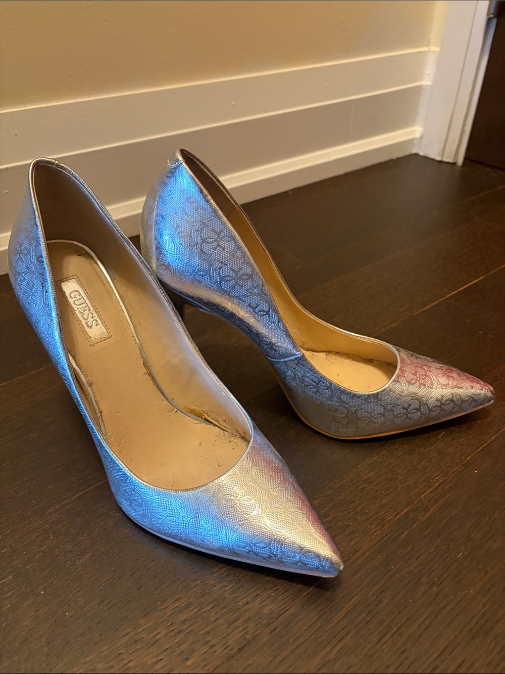 GUESS Iridescent Silver Floral Pointed Toe Heels